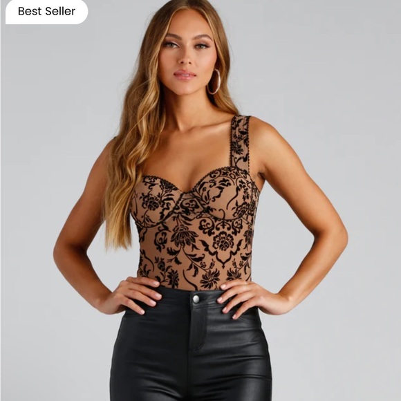Windsor Tops - Windsor - Floral Stunner Flocked Bustier Bodysuit